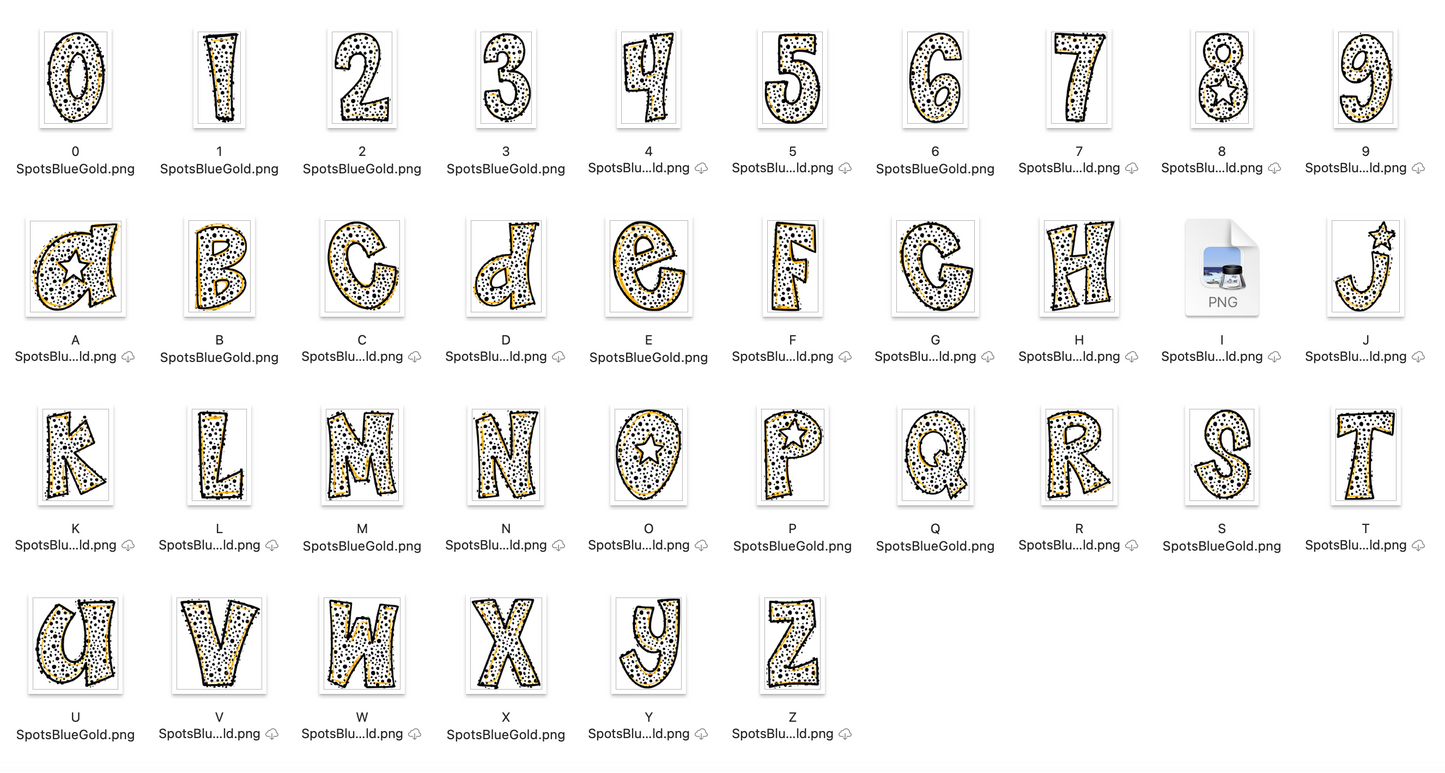 Blue Gold Spirit Strokes Doodle Alpha Bundle - Set of 5 Alphabets