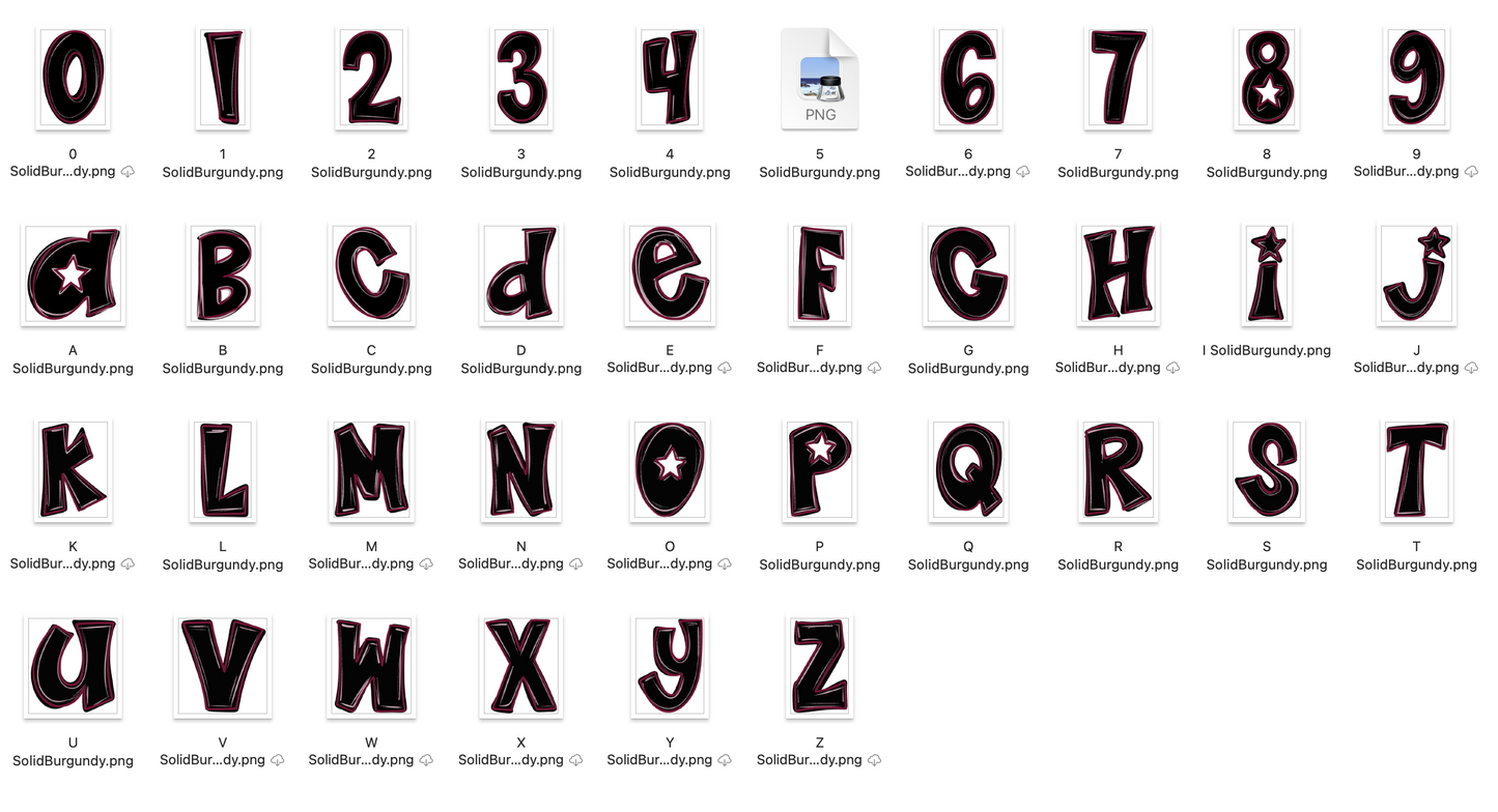 Burgundy Spirit Strokes Doodle Alpha Bundle - Set of 5 Alphabets