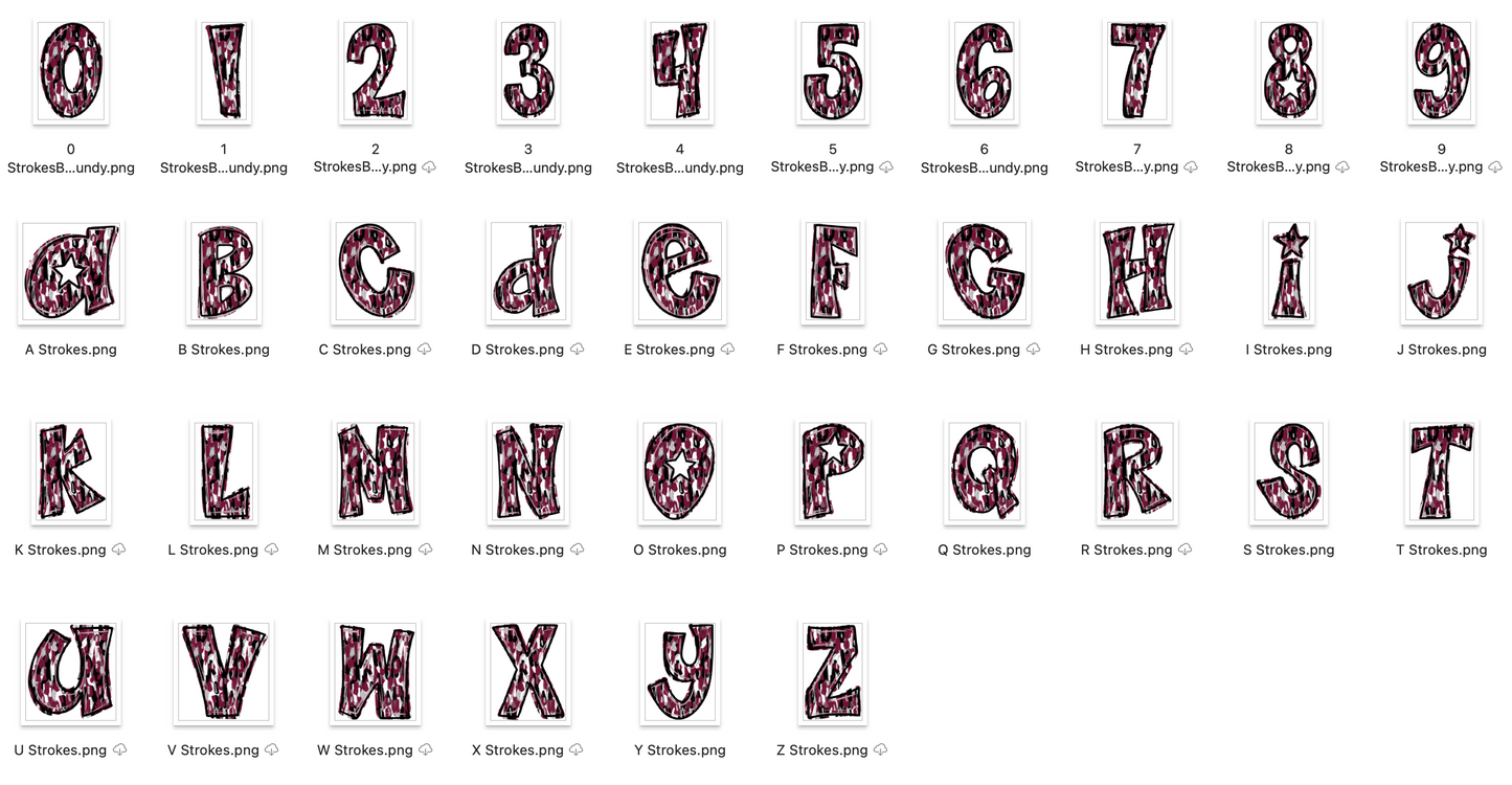 Burgundy Spirit Strokes Doodle Alpha Bundle - Set of 5 Alphabets