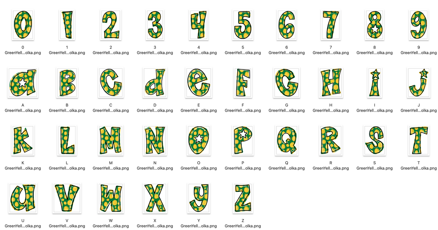 Green Yellow Spirit Strokes Doodle Alpha Bundle - Set of 5 Alphabets