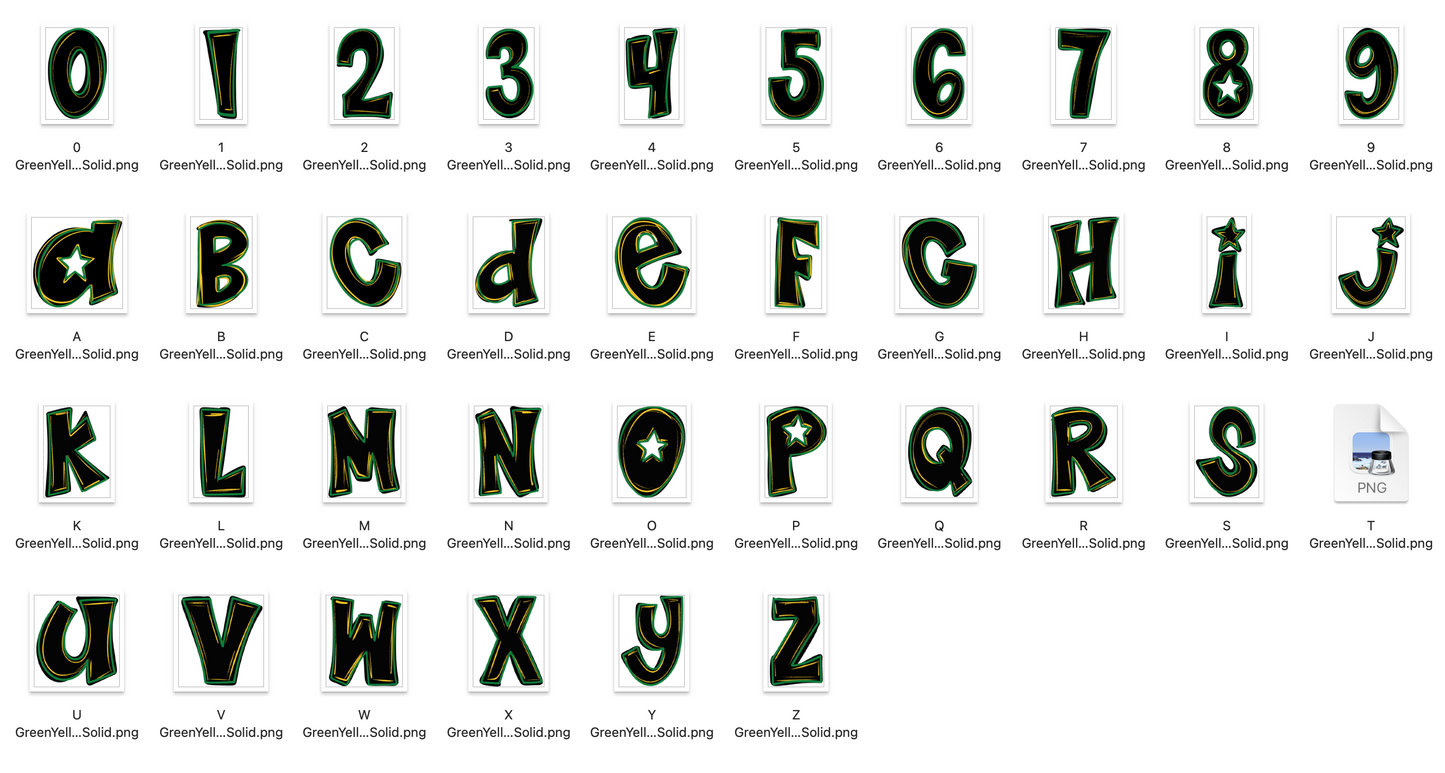 Green Yellow Spirit Strokes Doodle Alpha Bundle - Set of 5 Alphabets