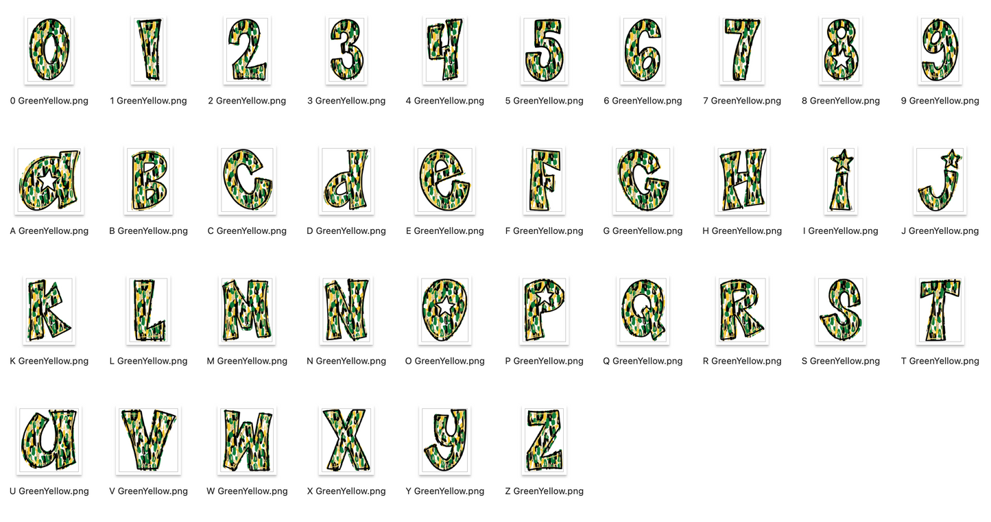 Green Yellow Spirit Strokes Doodle Alpha Bundle - Set of 5 Alphabets