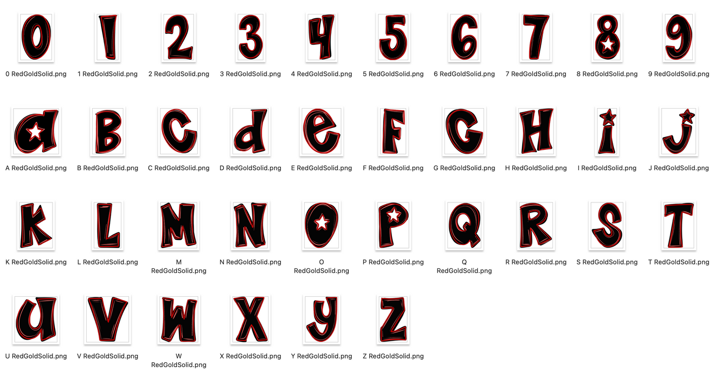 Red GOLD Spirit Strokes Doodle Alpha Bundle - Set of 5 Alphabets