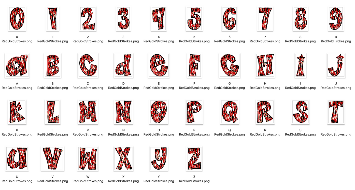 Red GOLD Spirit Strokes Doodle Alpha Bundle - Set of 5 Alphabets