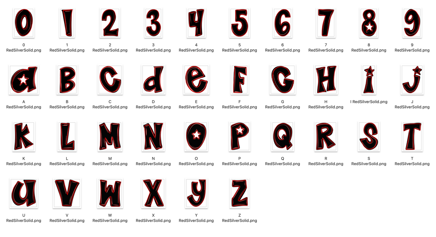 Red Silver Spirit Strokes Doodle Alpha Bundle - Set of 5 Alphabets