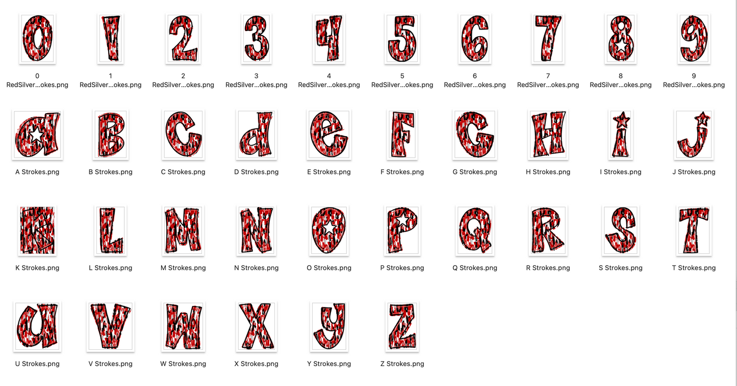 Red Silver Spirit Strokes Doodle Alpha Bundle - Set of 5 Alphabets