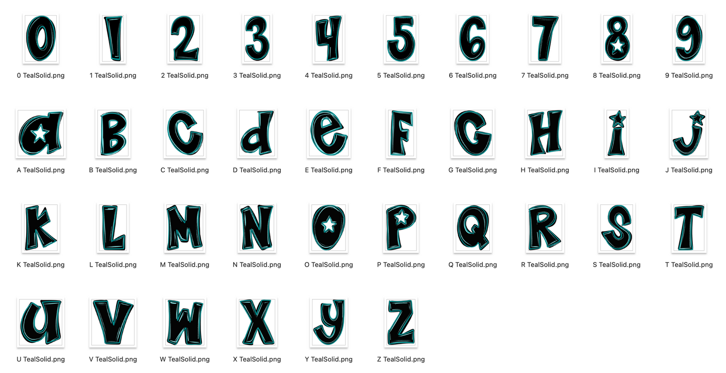 Teal Spirit Strokes Doodle Alpha Bundle - Set of 5 Alphabets