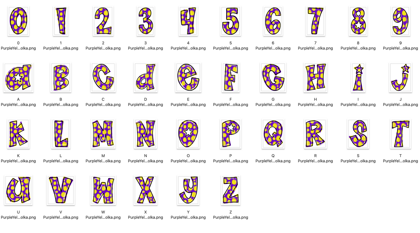 Purple Yellow Spirit Strokes Doodle Alpha Bundle - Set of 5 Alphabets