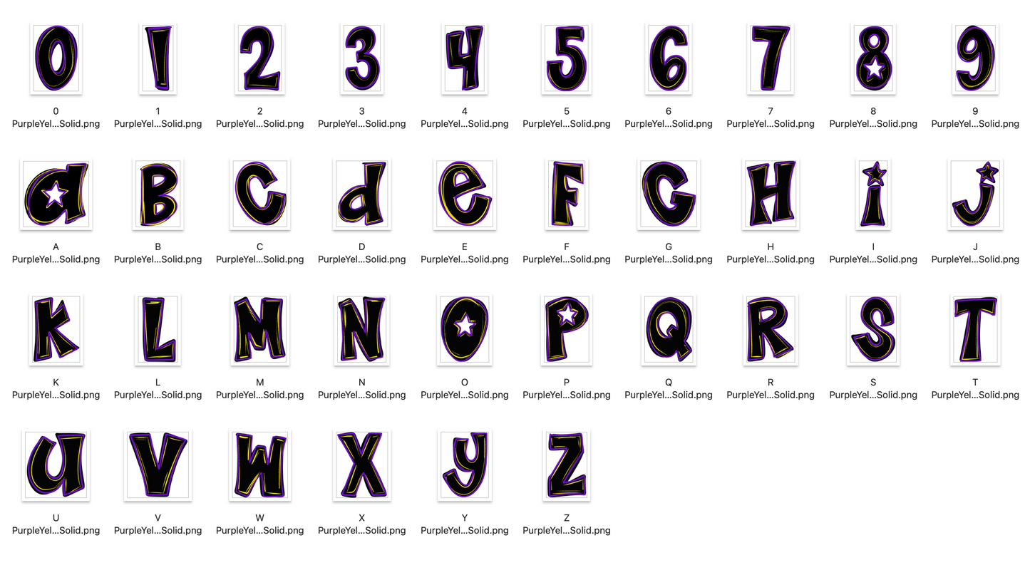 Purple Yellow Spirit Strokes Doodle Alpha Bundle - Set of 5 Alphabets