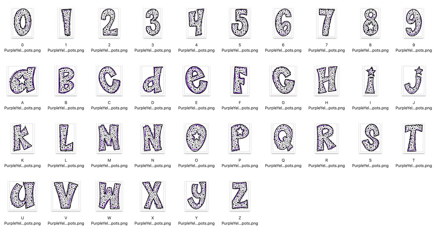 Purple Yellow Spirit Strokes Doodle Alpha Bundle - Set of 5 Alphabets