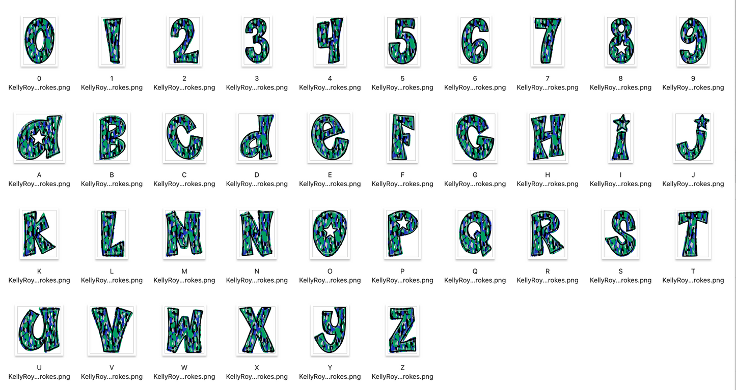 Kelly Green Royal Blue Spirit Strokes Doodle Alpha Bundle - Set of 5 Alphabets