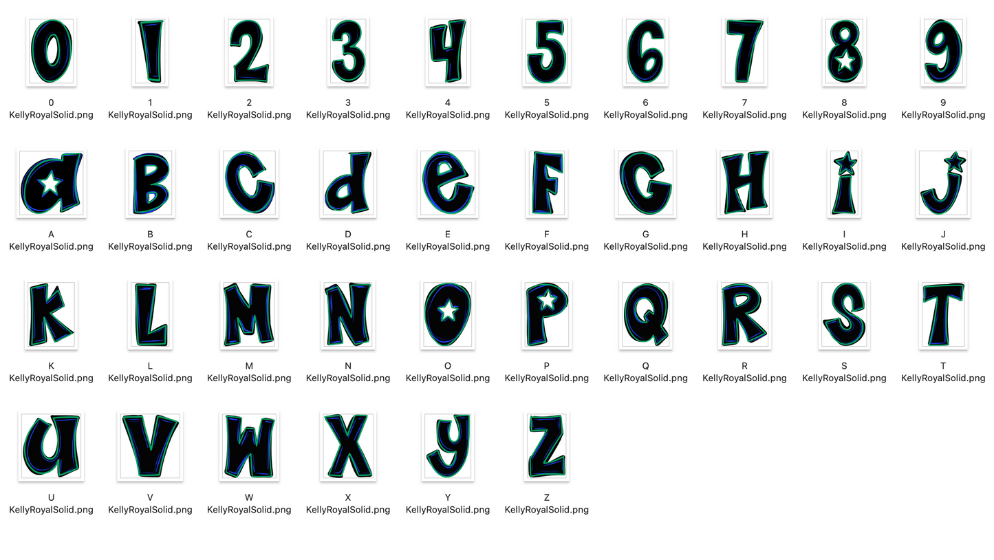 Kelly Green Royal Blue Spirit Strokes Doodle Alpha Bundle - Set of 5 Alphabets