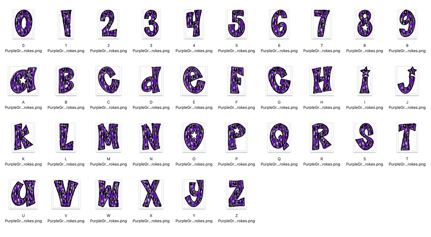 Purple and Grey Spirit Strokes Doodle Alpha Bundle - Set of 5 Alphabets