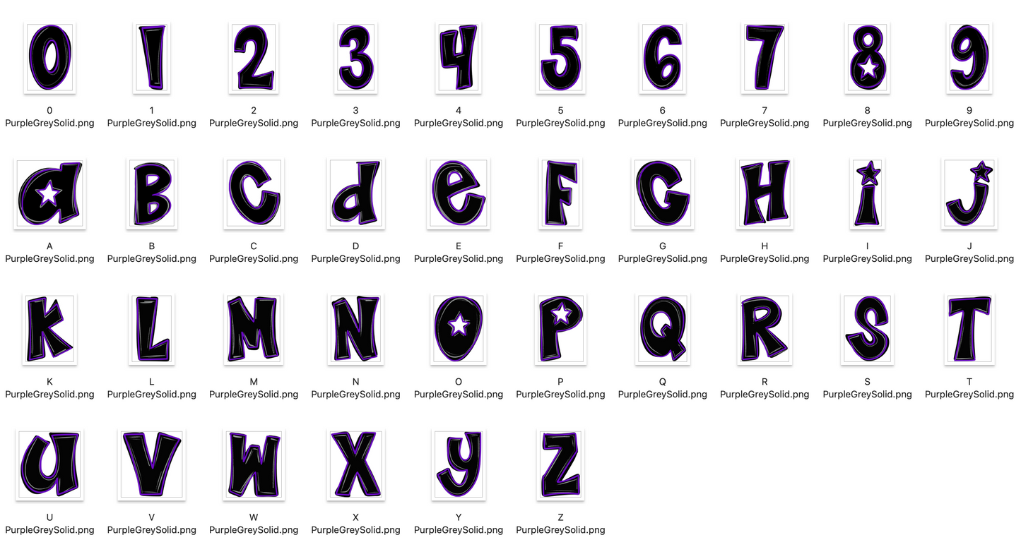 Purple and Grey Spirit Strokes Doodle Alpha Bundle - Set of 5 Alphabets