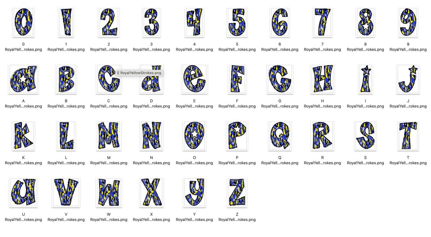 Royal and Yellow Spirit Strokes Doodle Alpha Bundle - Set of 5 Alphabets