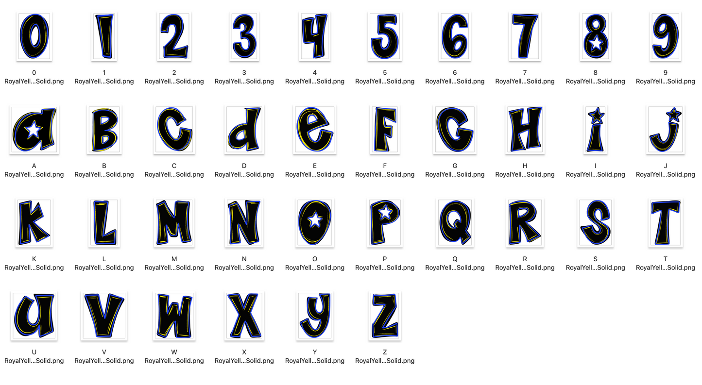 Royal and Yellow Spirit Strokes Doodle Alpha Bundle - Set of 5 Alphabets