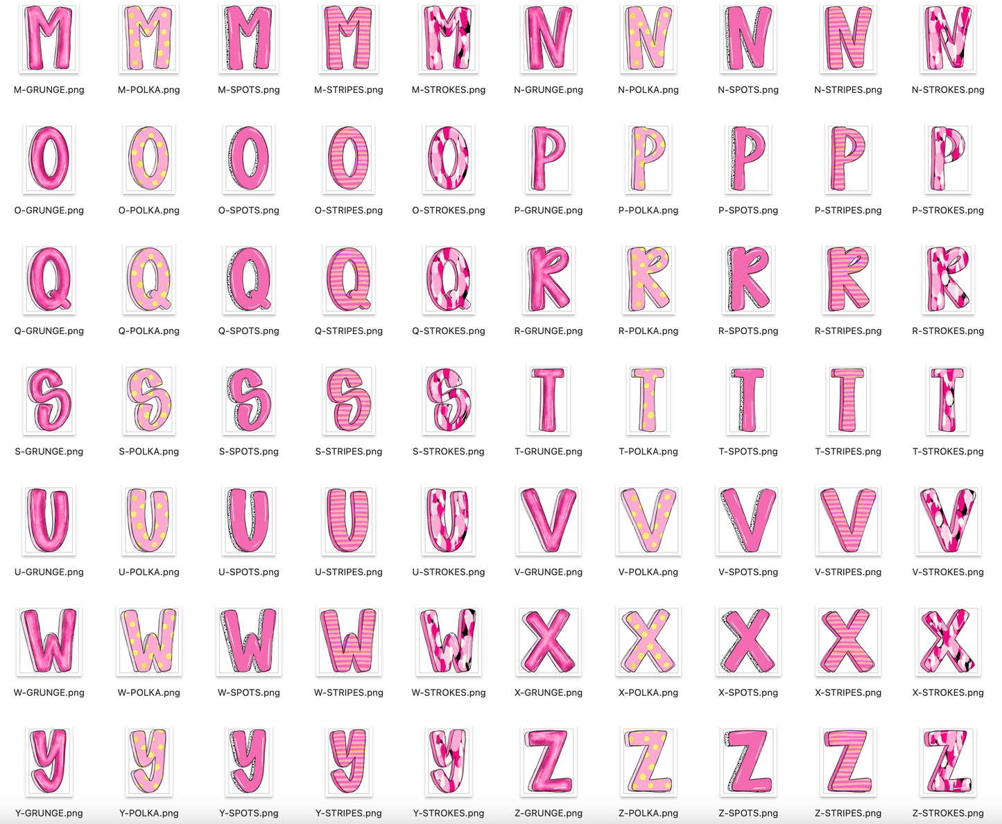 Pink Out Doodle Alpha Bundle - Set of 5 Alphabets + Elements