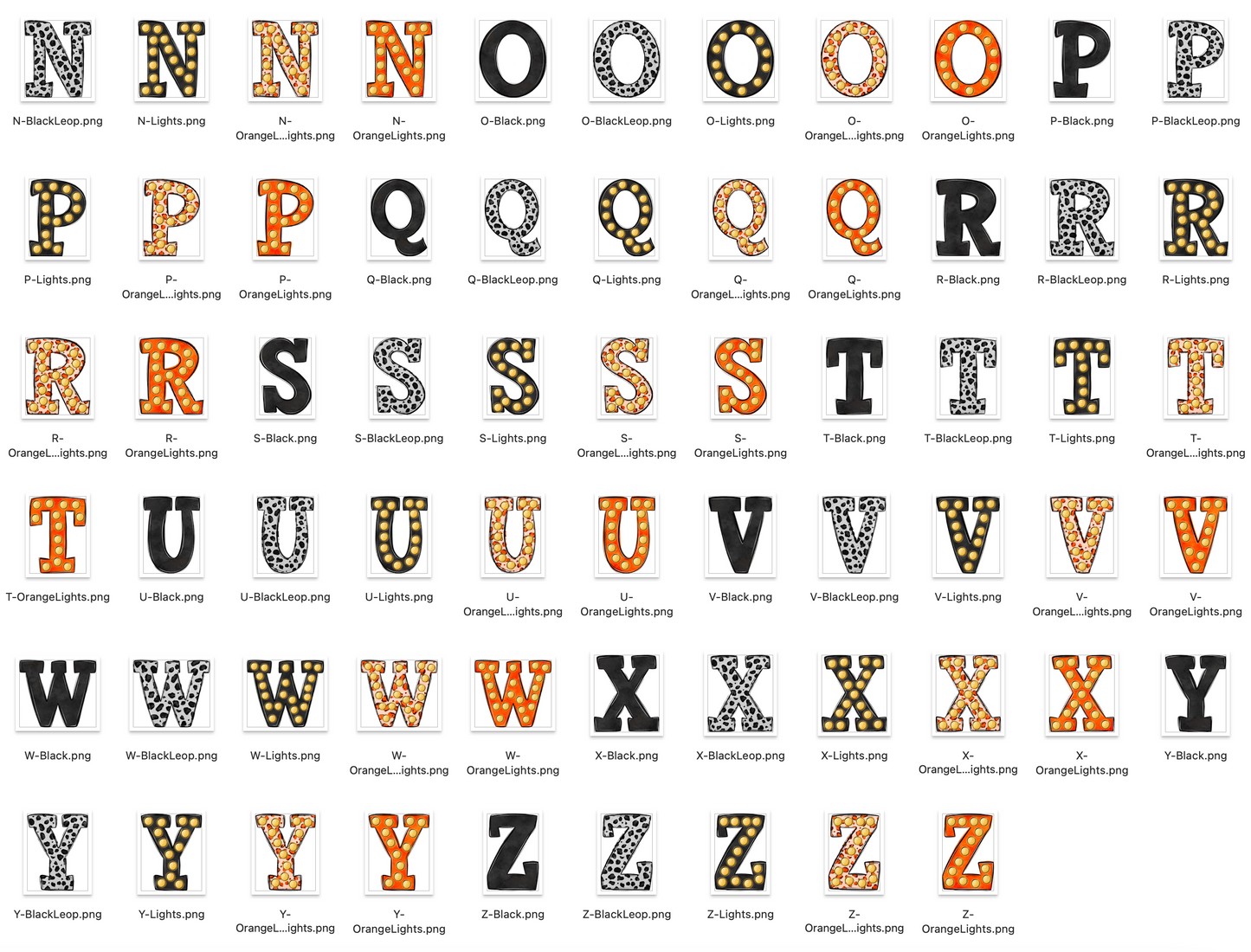 Black and Orange Spirit Marquee Varsity Alpha Bundle - Set of 5 Alphabets