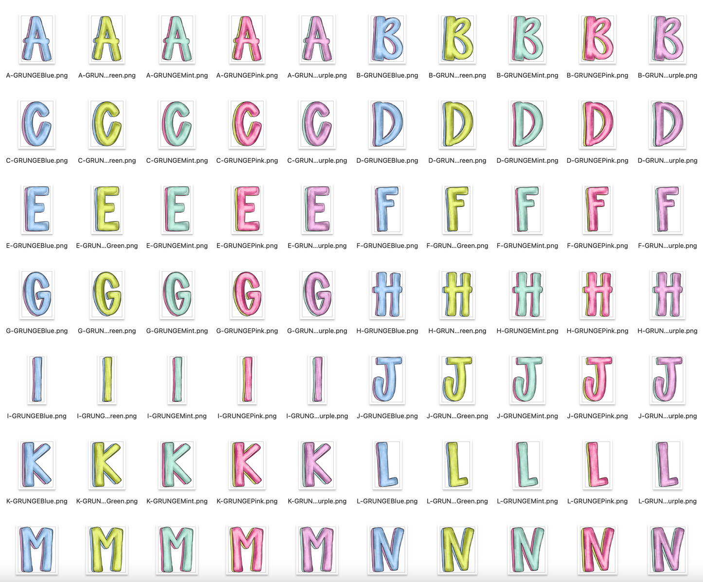 Spring Grunge Doodle Alpha Bundle - Set of 5 Alphabets