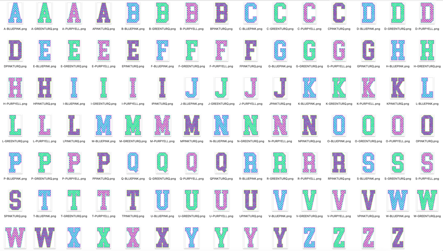 EXCLUSIVE- Neon Checker Varsity Alpha - Set of 8 Alphabets