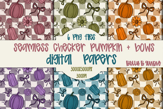 Seamless Checkered Pumpkins and Bows Digital Papers