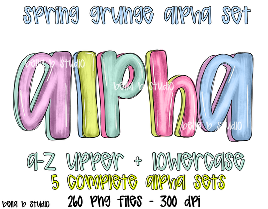 Spring Grunge Doodle Alpha Bundle - Set of 5 Alphabets