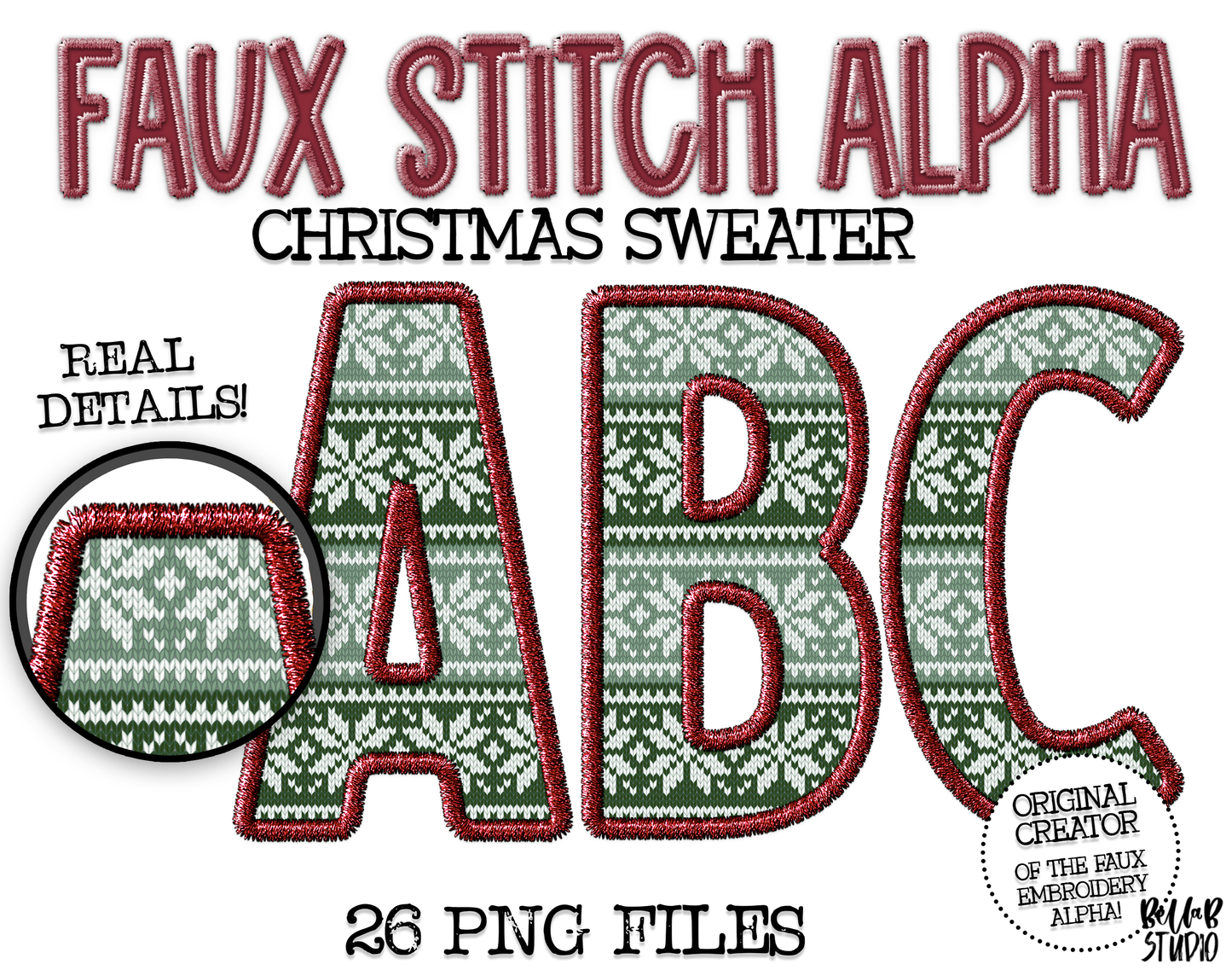 Faux Stitch Alphabet Set - Christmas Sweater Green/Red