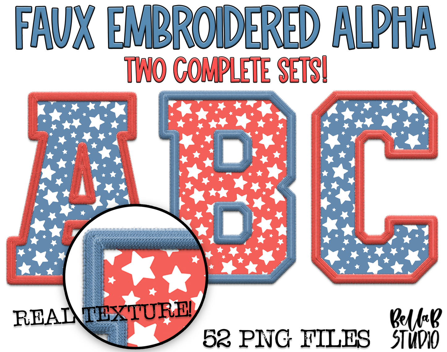 Faux Embroidered Alphabet Set - USA Stars; Set of 2