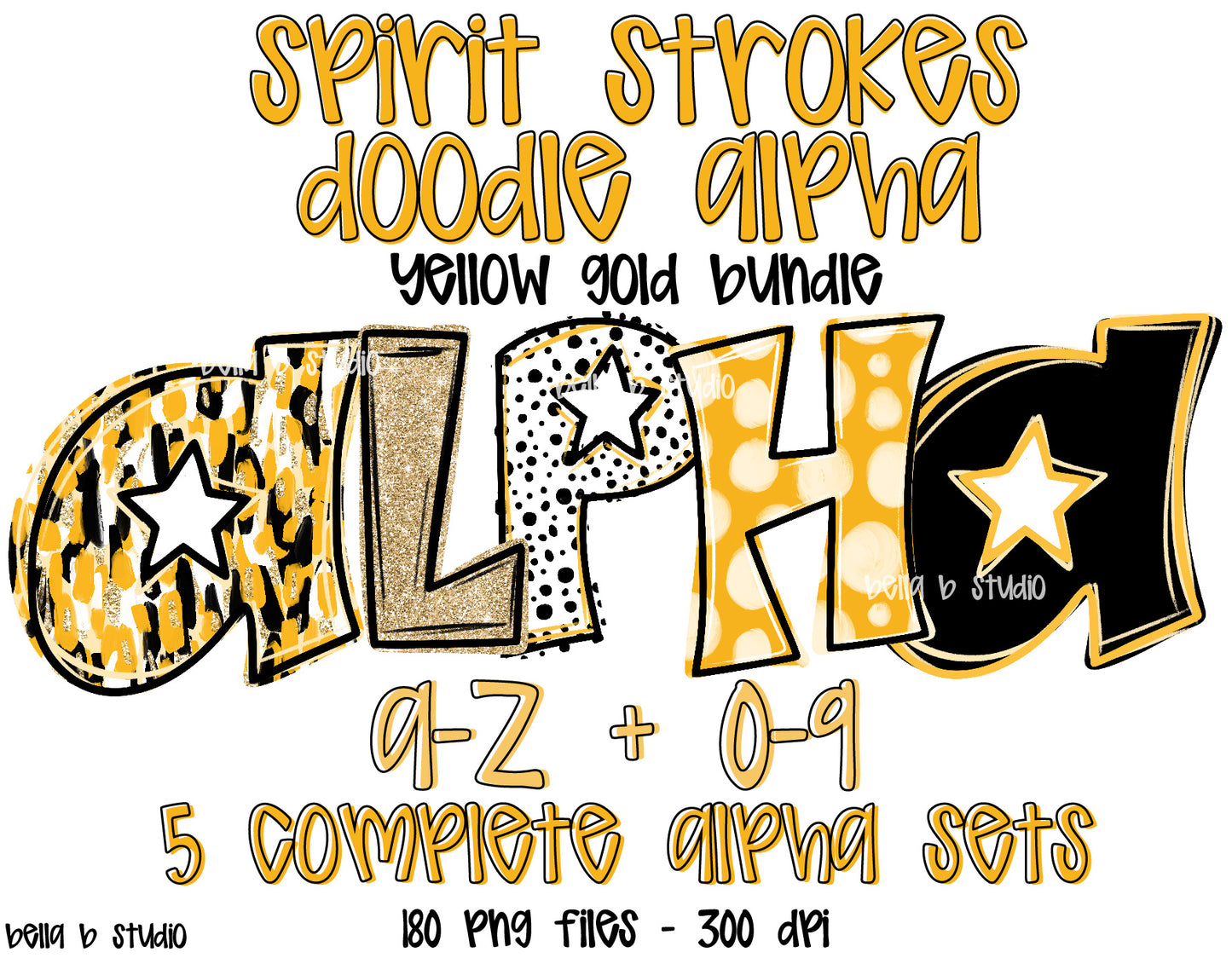 Yellow Gold Spirit Strokes Doodle Alpha Bundle - Set of 5 Alphabets