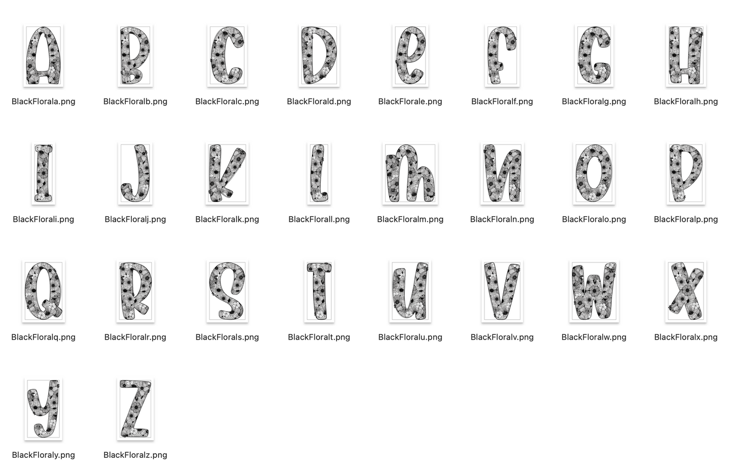Black Floral Doodle Alpha Set