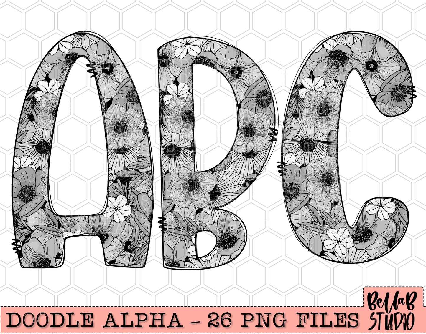 Black Floral Doodle Alpha Set