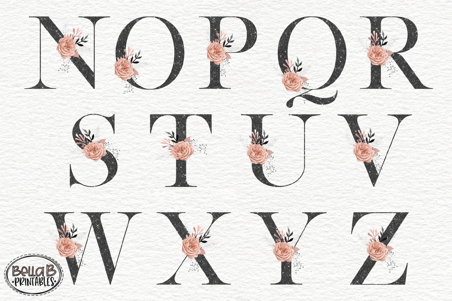 Black Glitter and Rose Gold Floral Alphabet Set, Clipart