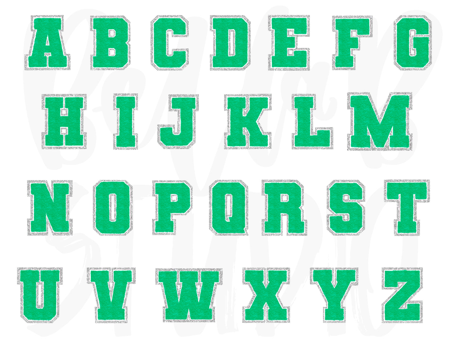Faux Chenille Alphabet Set GREEN SILVER GLITTER