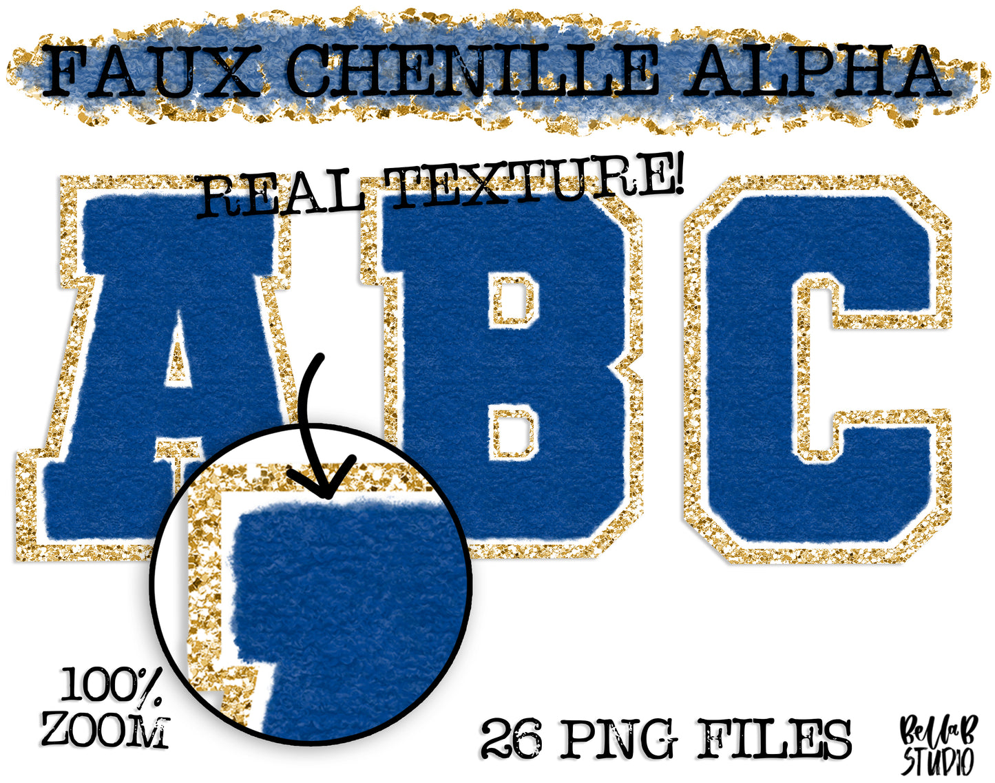 Faux Chenille Alphabet Set NAVY GOLD GLITTER