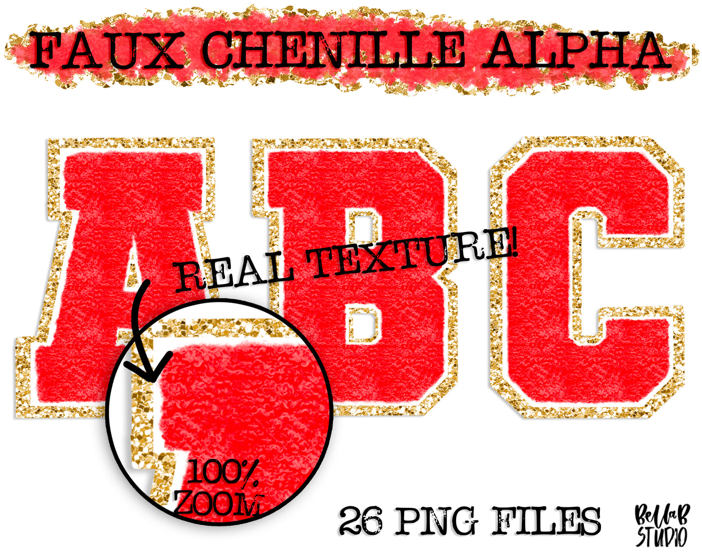 Faux Chenille Alphabet Set RED - GOLD GLITTER