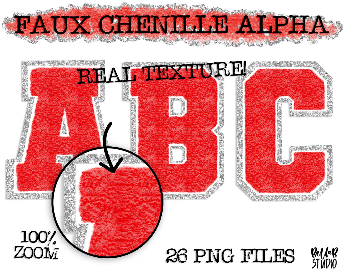 Faux Chenille Alphabet Set RED SILVER GLITTER