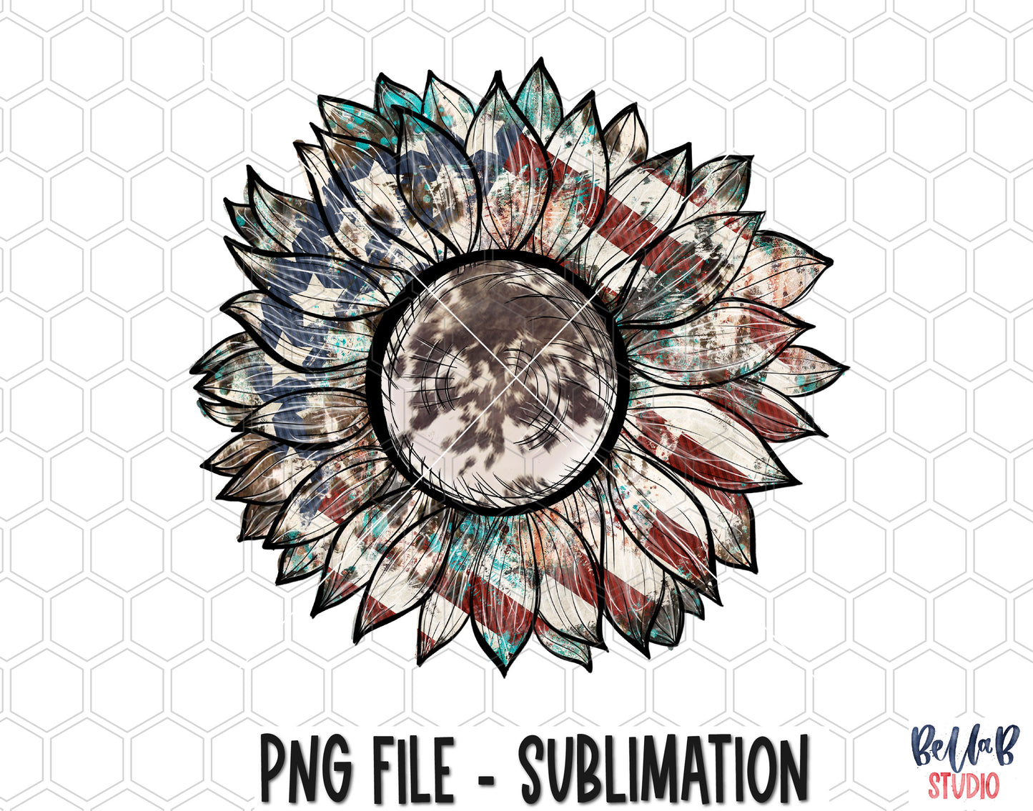 American Flag and Cowhide Sunflower Sublimation Design