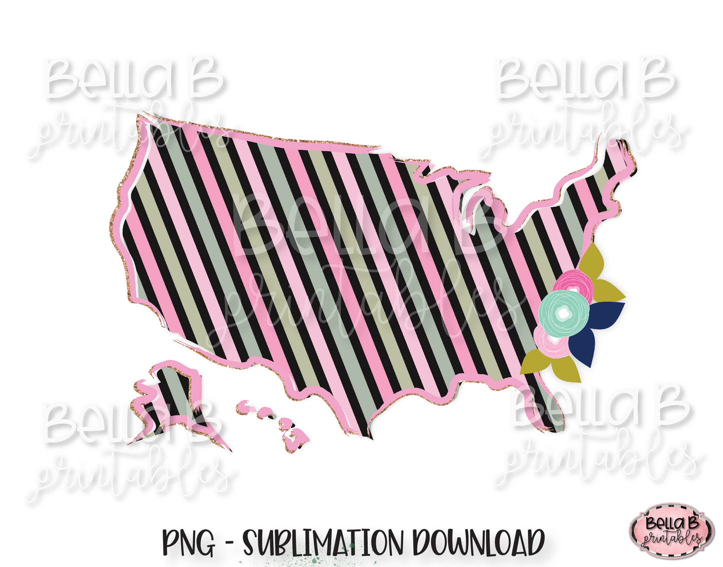 Floral United States Map Sublimation Design, Doodle