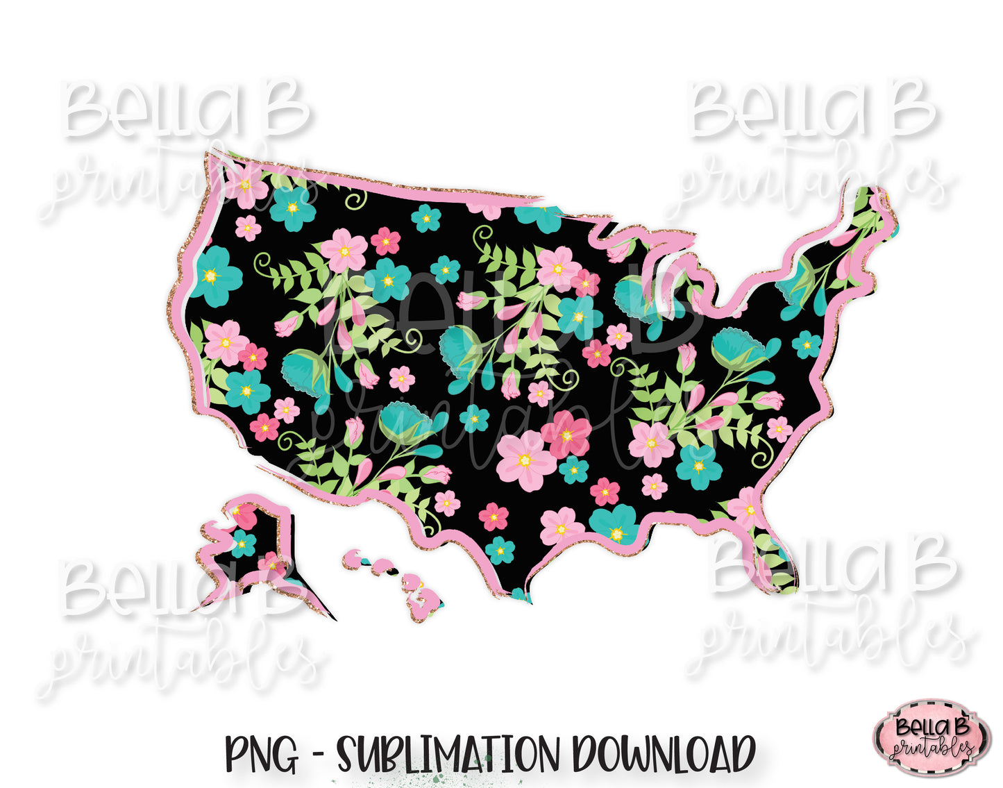 Floral United States Map Sublimation Design, Doodle