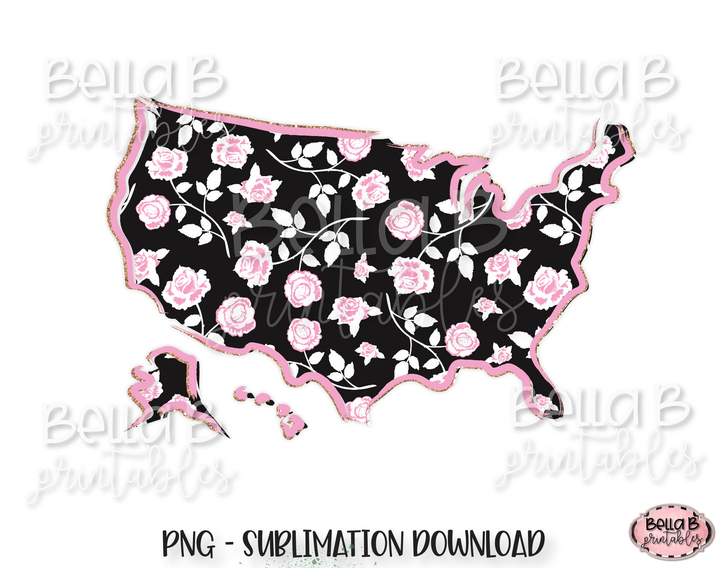 Floral United States Map Sublimation Design, Doodle