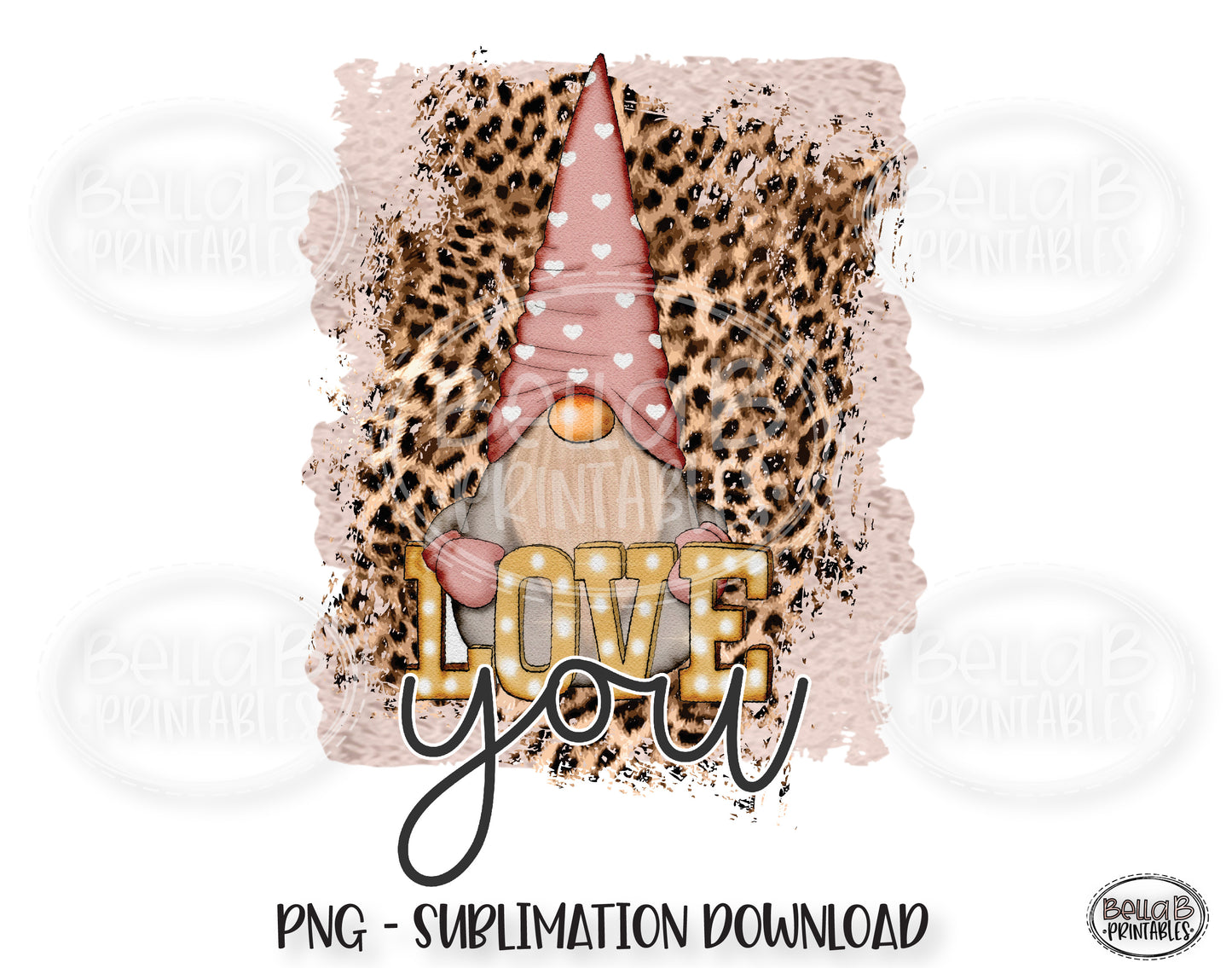 Valentine Gnomes Sublimation, Love You, Leopard Print, Valentine's Day