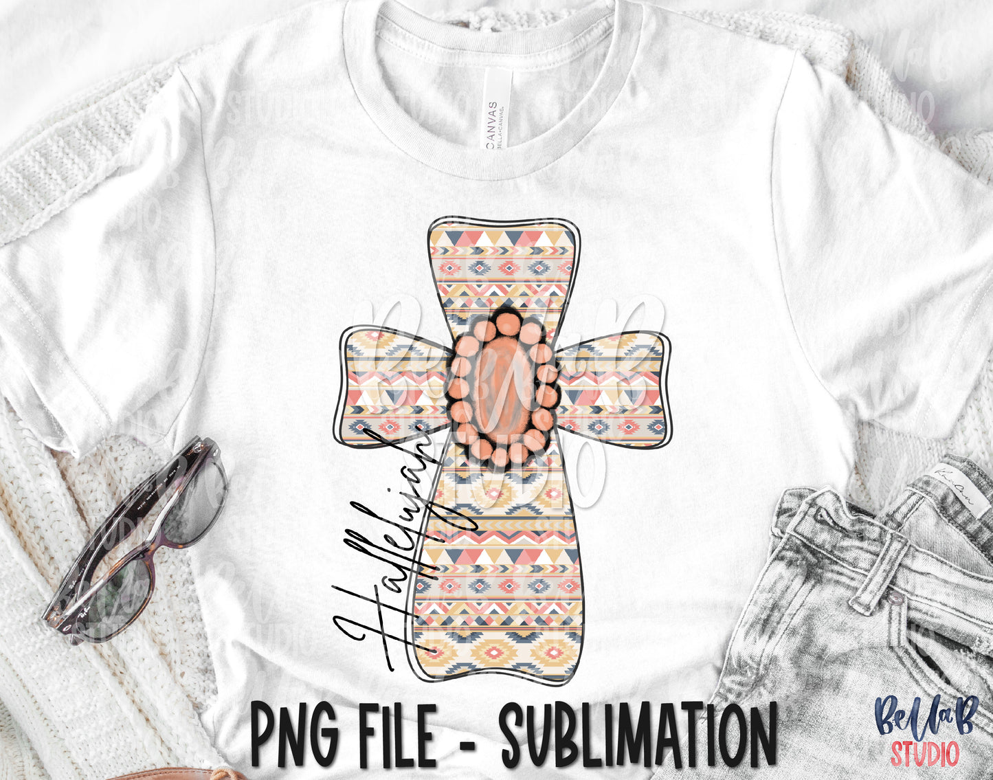 Hallelujah Aztec Cross With Pink Gem Sublimation Design