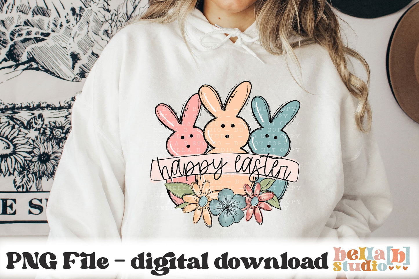 Happy Easter Floral Peeps PNG Sublimation Design