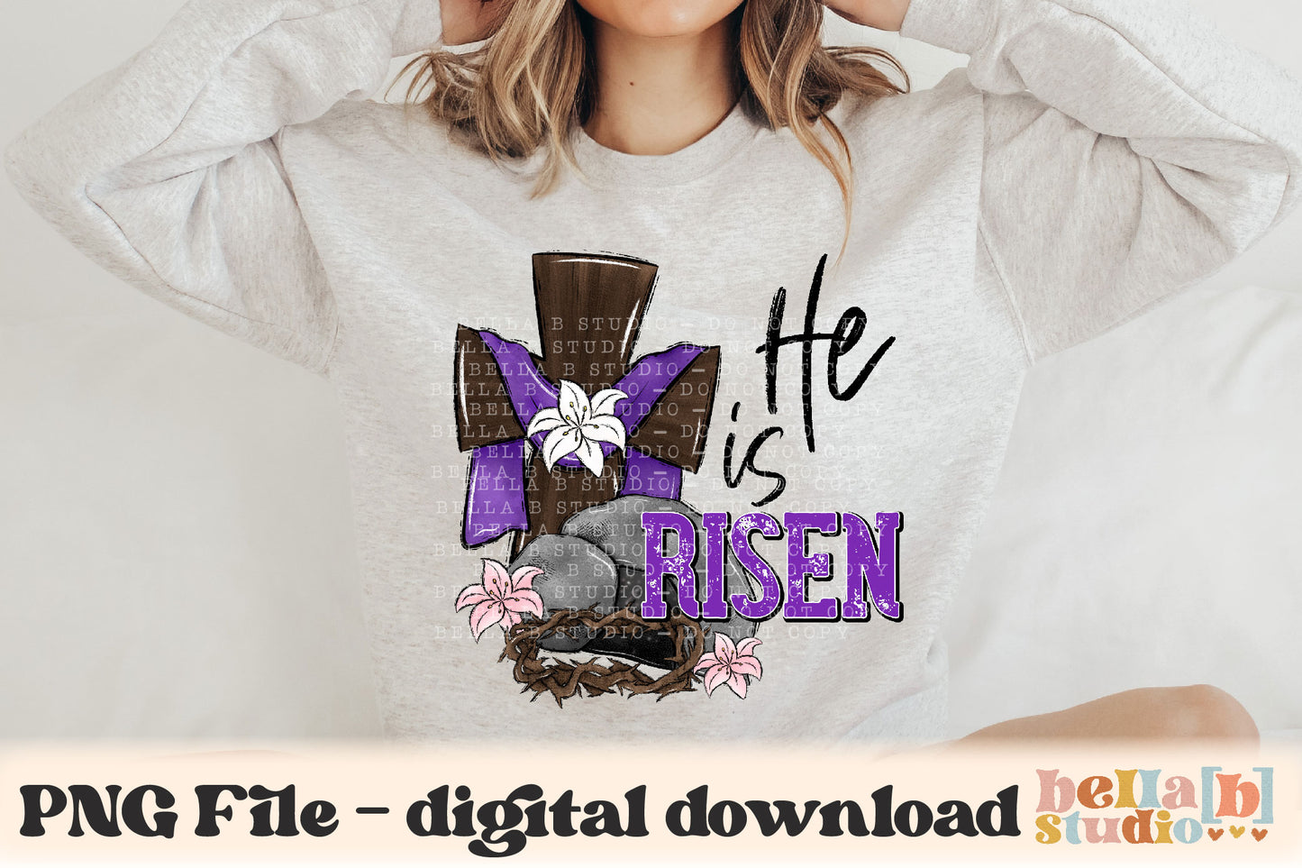 He Is Risen Cross and Tomb PNG Sublimation Design