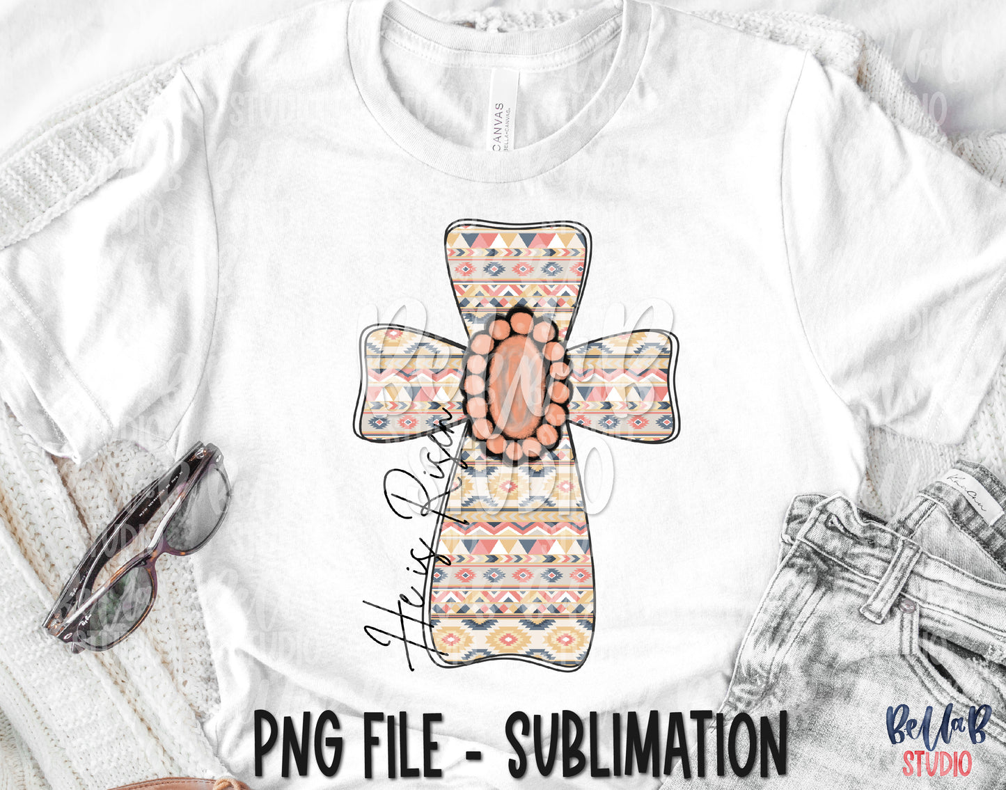 He Is Risen Aztec Cross With Pink Gem Sublimation Design