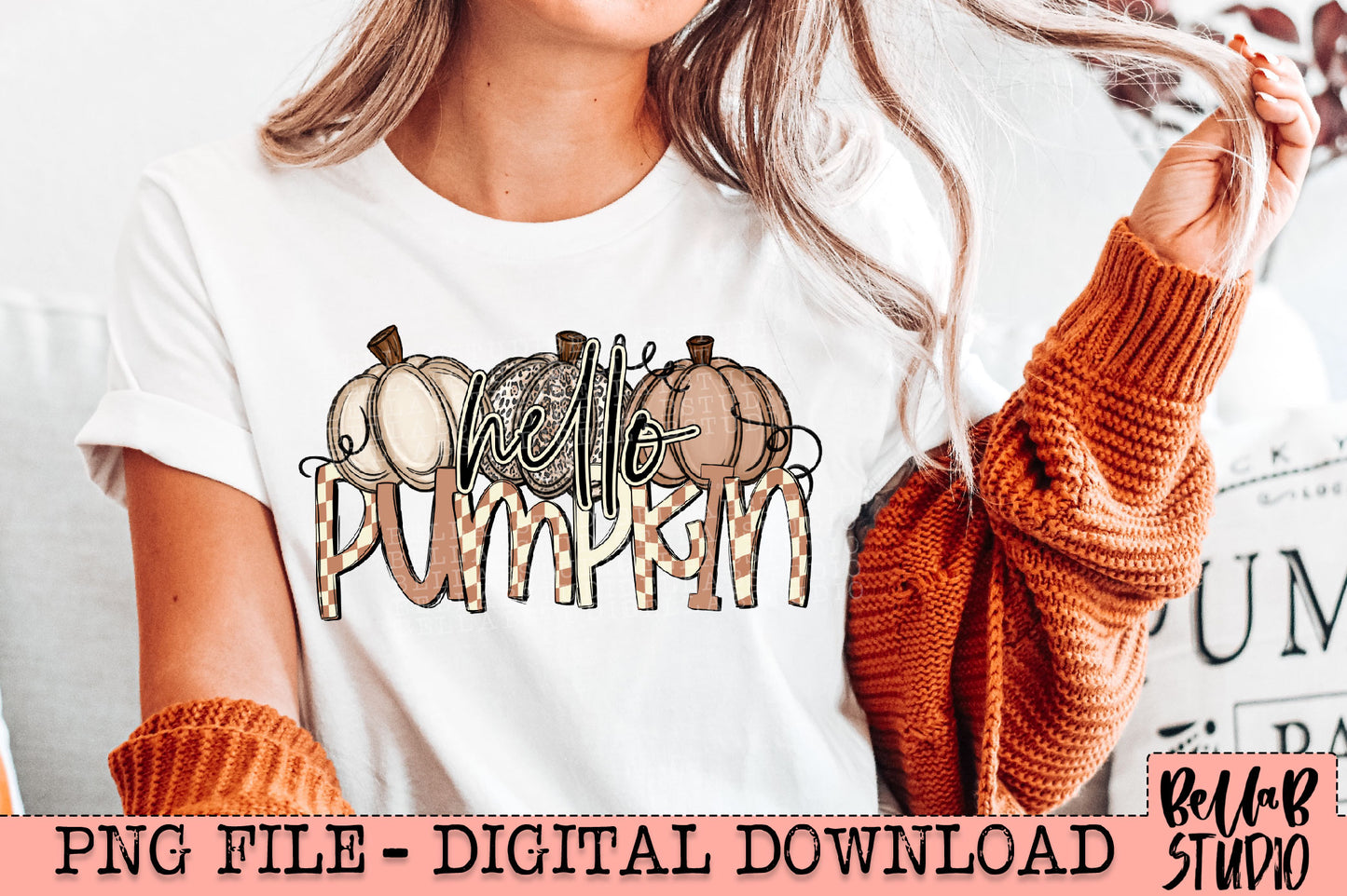 Hello Pumpkin Checkered Neutral Pumpkins PNG Design
