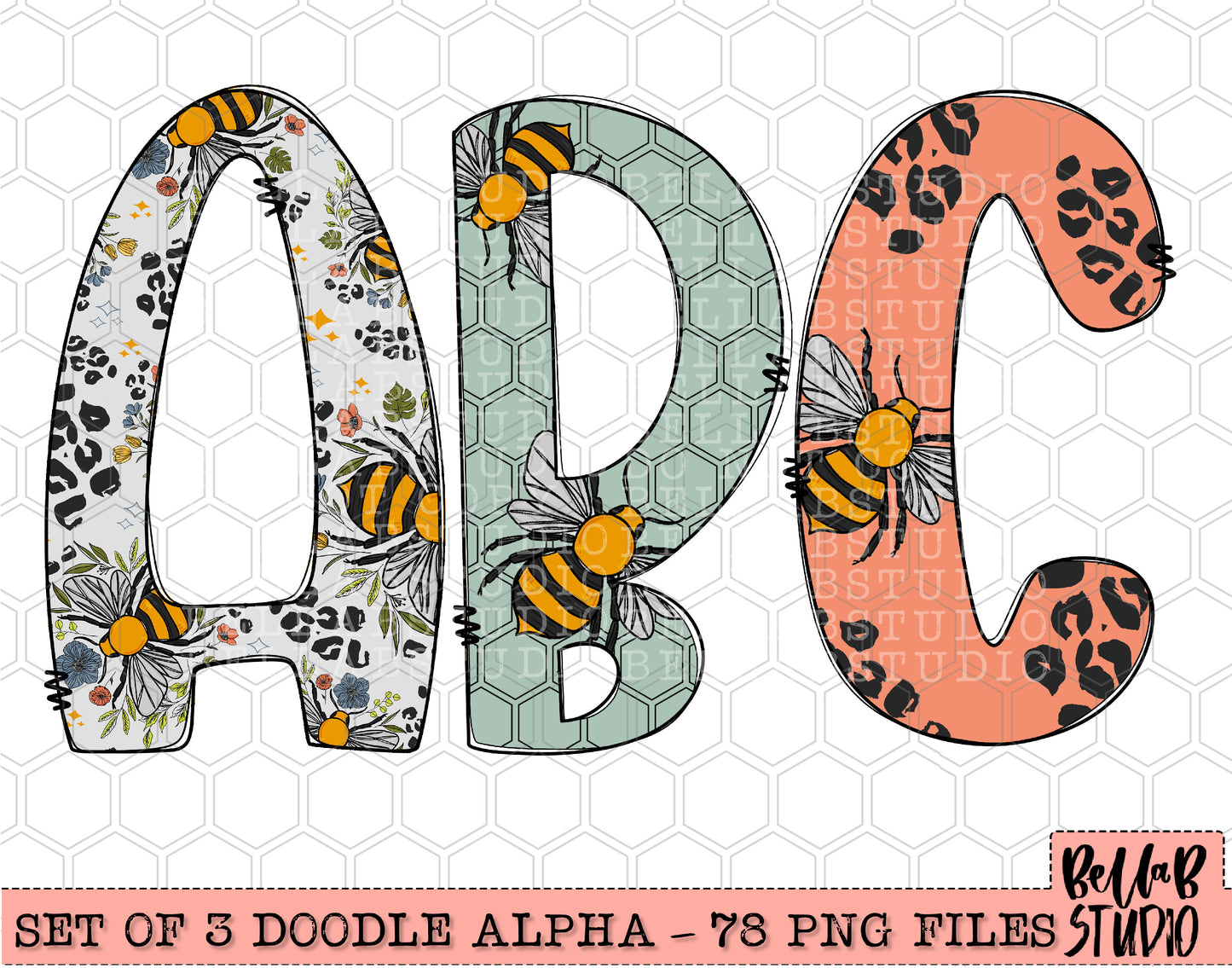 Leopard and Bees Doodle Alpha Set - SET OF 3
