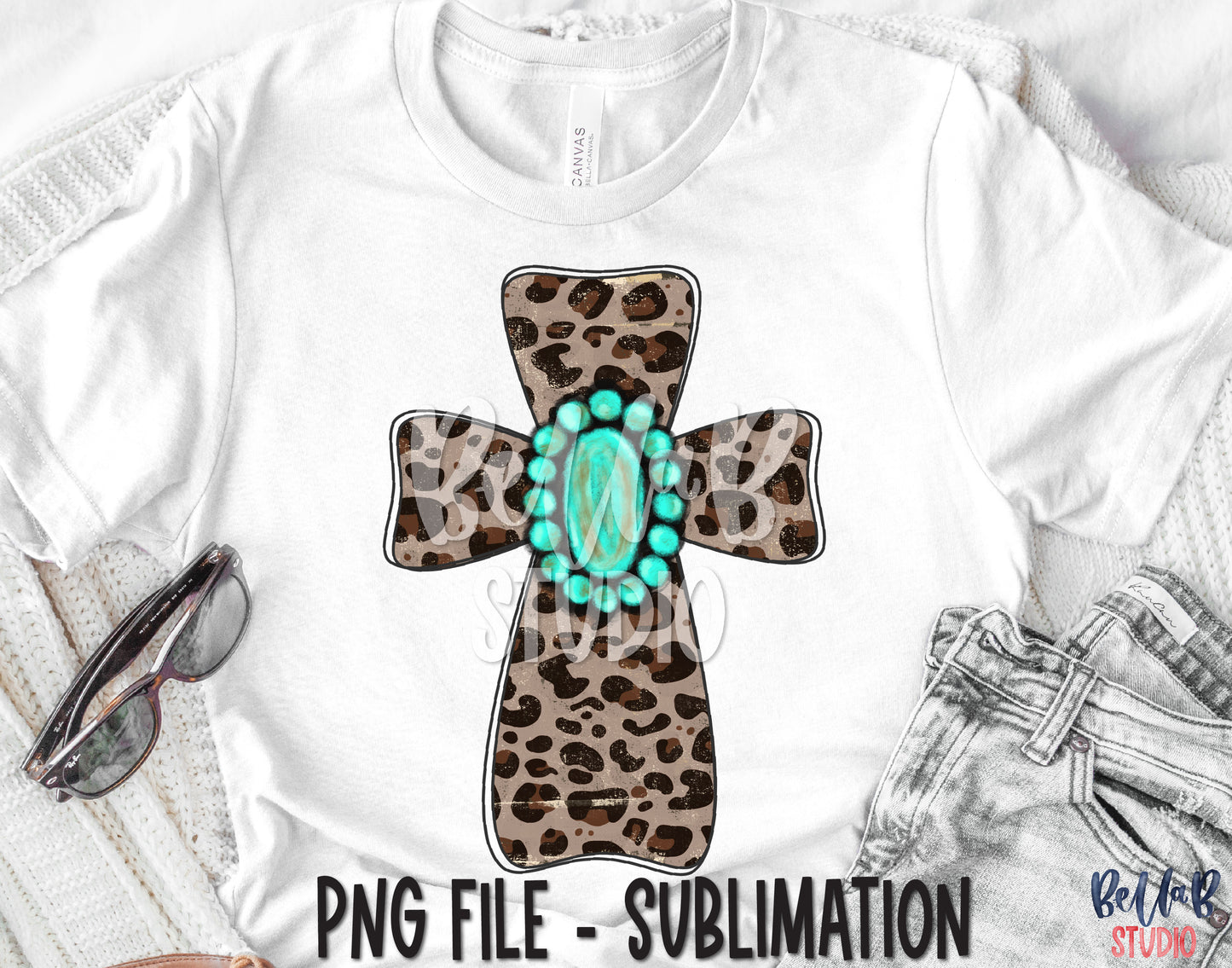 Leopard Cross With Turquoise Gem Sublimation Design