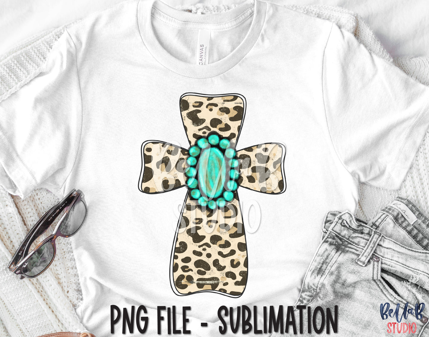 Leopard Cross With Turquoise Gem Sublimation Design