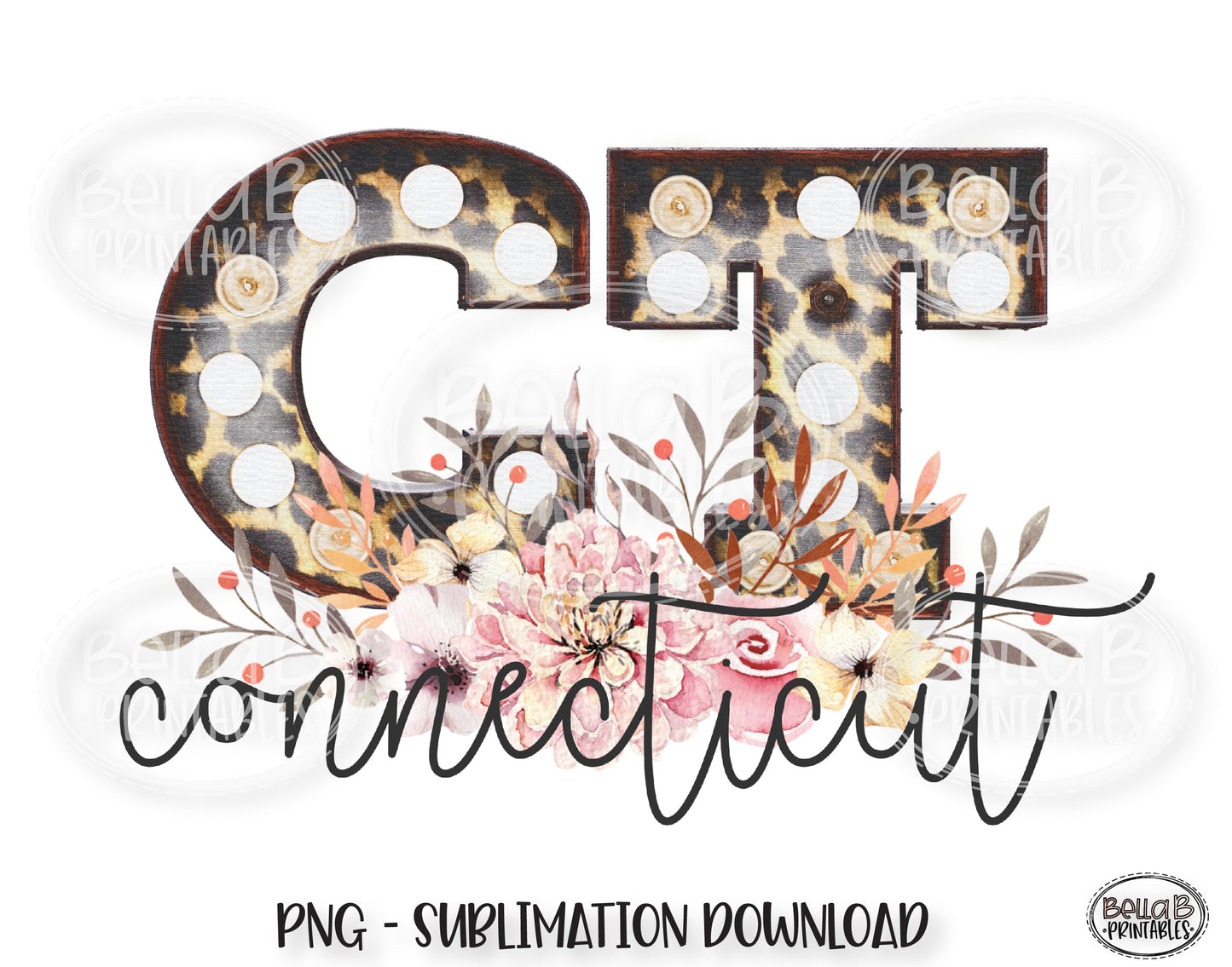 Connecticut State Sublimation Design, Leopard Print Marquee